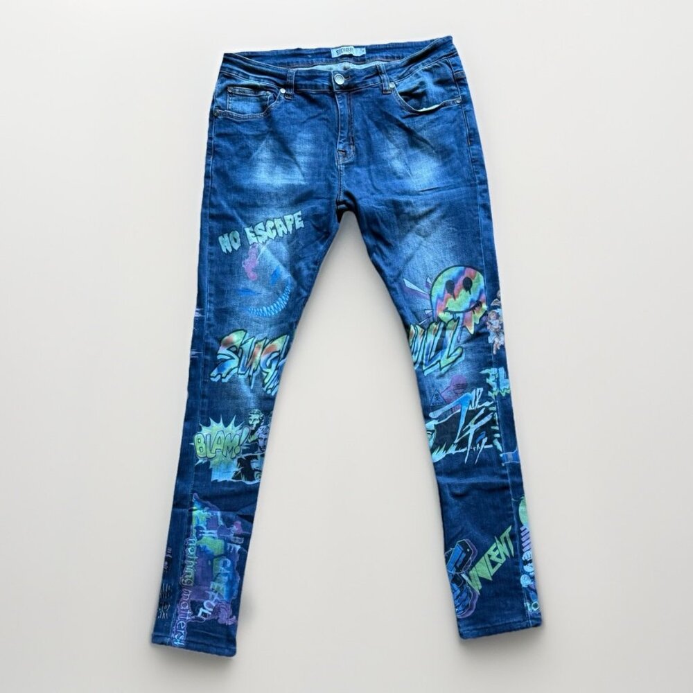 Sugarhill Psycho Jeans Mens Size 36x33 Blue Skinny Denim Jeans Y2K Trippy Aliens